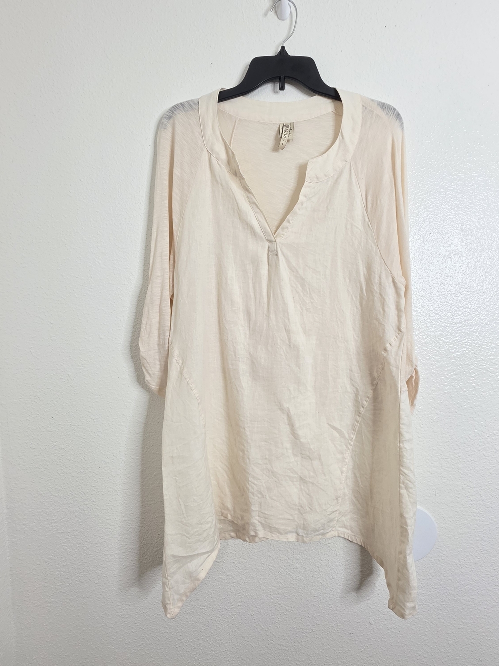 XCVI Womens Beige Linen Blend Roll Tab Sleeve Asymmetrical Tunic Top Size Large